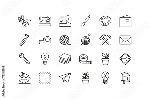Set of craft and DIY hand-made tools and supplies icons collection, sewing machines, scissors, paintbrush, yarn, envelope, plants, measuring tapes, creative hobby and art materials