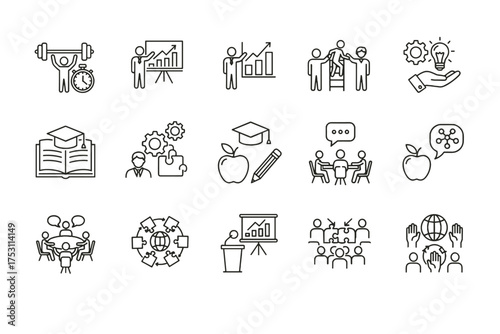 Minimalist line icons set for training, education, business growth, teamwork, strategy, and innovation concepts, including presentation, coaching, mentoring, collaboration, and learning symbols