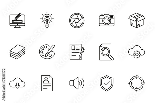 Set of thin line graphic design icons including digital creativity, photography, art palette, cloud storage, document editing, security, and multimedia concepts for creative projects