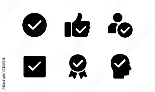 Set of approval icons with check marks and thumbs up in solid black style