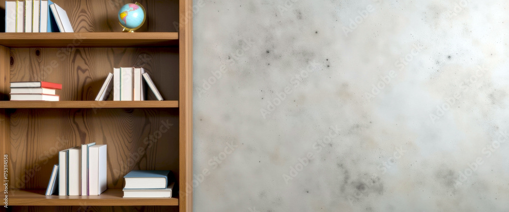 Fototapeta premium Cozy bookshelf with assorted books and globe on wooden shelves against textured wall with copy space