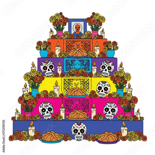 Vibrant multi-tiered Mexican altar decorated with sugar skulls, flowers, candles and photographs for Day of the Dead celebrations against a white background.