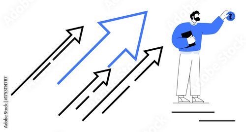 Man holding tablet and engaging with rising arrows symbolizing growth, development, leadership, opportunity, progress. Ideal for business, innovation, career growth, motivation education simple