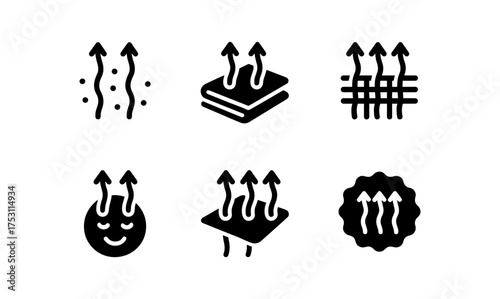 Breathable material icons set: permeability and airflow symbols in solid style