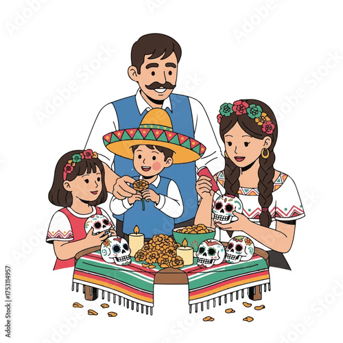 Illustration of a Hispanic family enjoying a meal together with a festive table setting and traditional attire.