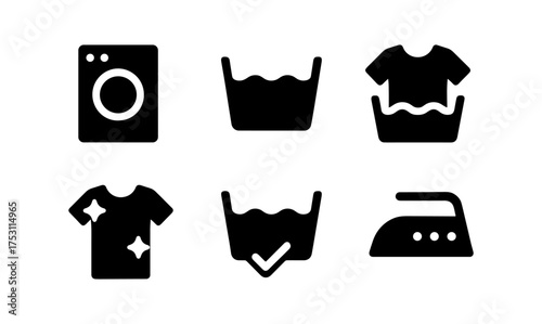 Simplified laundry care and washing icons in black silhouette style