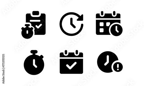 Minimalist time management icons: calendars, clocks, and stopwatches
