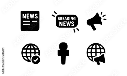 Silhouette news icons: breaking updates, global communication, megaphone