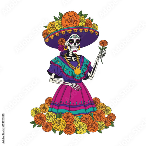 Colorful illustration of a sugar skull woman wearing a vibrant dress and sombrero, holding a flower, surrounded by roses on a white background.