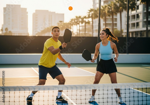 Active Pickleball Players on Court at Sunset -  Sport & Leisure