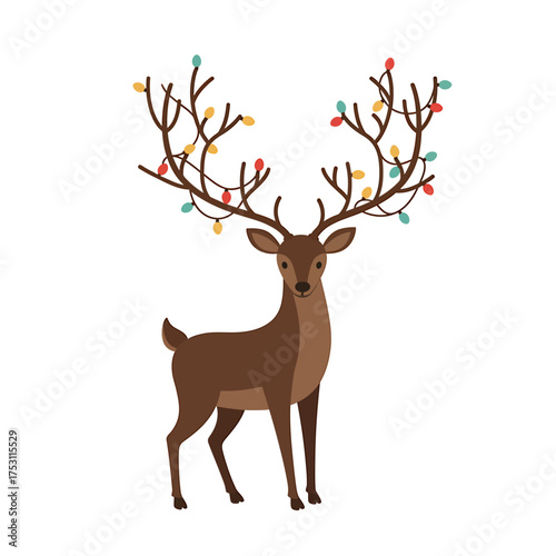 Festive Deer with Ornament: A charming illustration depicts a deer with vibrant holiday lights adorning its antlers, perfect for spreading cheer.