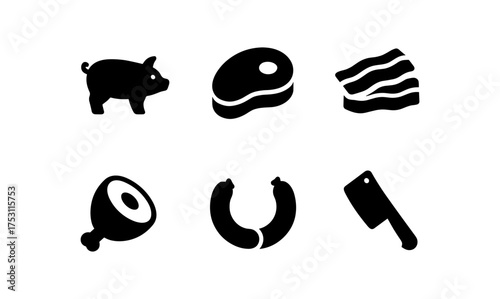 Animal butchery icons: meat and tools in simple black silhouette style