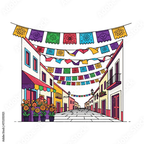 Colorful illustration of a vibrant street with papel picado banners and sunflowers in planters, set against a white background with a festive and lively mood.