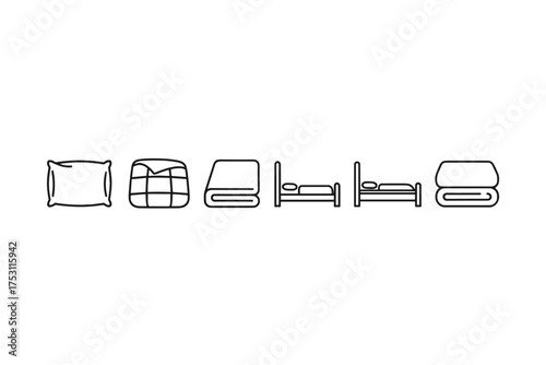 Simple linear icons of bedding essentials including pillow, quilt, blanket, and single bed with pillow, minimalistic outline style for home and interior design concepts