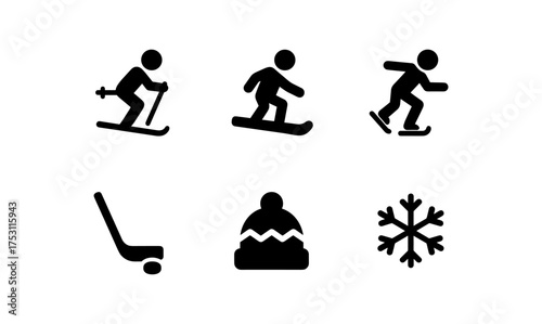 Winter sports icons collection: skiing, snowboarding, ice skating, hockey, and winter gear symbols
