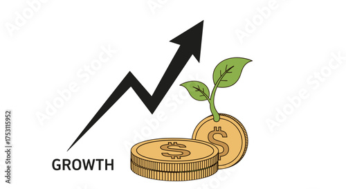 Financial growth concept with dollar coins and green plant sprout symbolizing investment, profit increase, economic growth, upward arrow graph, money success, and sustainable wealth development