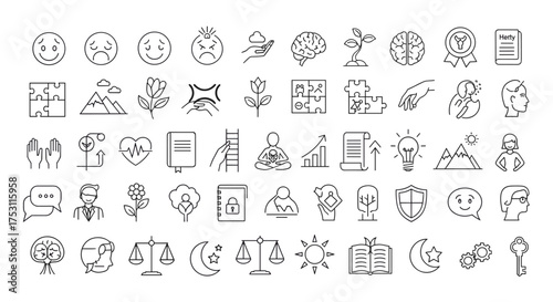 Mental health and psychology concept icons set, emotional expression symbols, brain, growth, balance, meditation, communication, therapy, wellness, ideas, and protection line art vectors