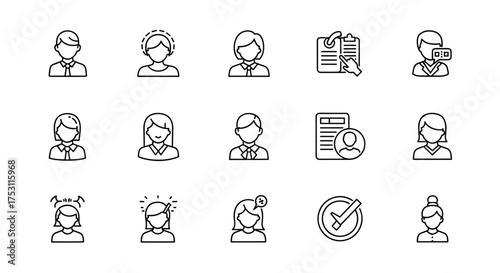 Business people and professional avatars line icons set, HR recruiting, employee profiles, communication, feedback, checkmark approval, candidate selection, office workers, teamwork concept