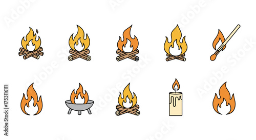 Set of vector fire icons including campfire, burning flame, matchstick lighting, burning candle, barbecue grill flame, and bonfire wood fire campfire symbols for camping and outdoor themes