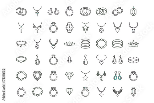 Jewelry collection outline icons set including engagement rings, earrings, necklaces with crosses, hearts, crowns, gems, and bracelets in minimalist style for fashion and accessory design