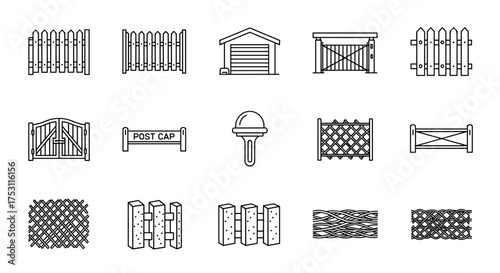 Set of outline vector icons of different fence, gate, post cap, garden barrier, wooden and wire mesh fences, garage and garden gate, rural and decorative fencing styles