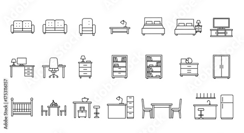 Minimalist line art furniture icons set, including sofa, armchair, bed, desk, lamp, bookshelf, dining table, kitchen appliances, office chair, wardrobe and home interior essentials vector illustration