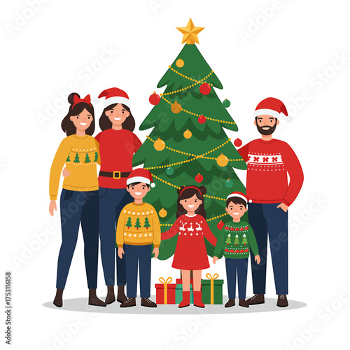 Cozy Christmas Gathering: A joyous family portrait featuring everyone dressed in festive attire. Surrounded by a decorated Christmas tree.