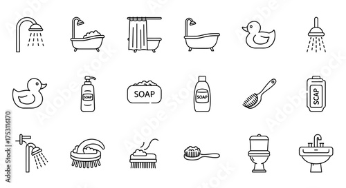 Bathroom hygiene and cleaning icons set. Vector outline line art soap, shower, bath tub, rubber duck, scrub brush, shampoo container, sink, toilet, personal care symbols and hygiene tools illustration