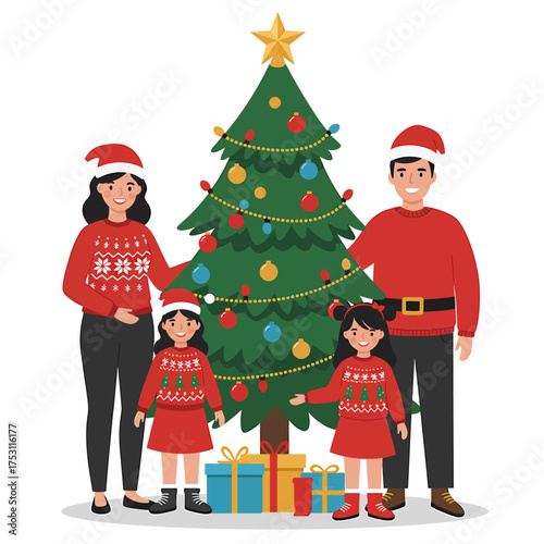 Festive Family Christmas: A happy family gathers around a decorated Christmas tree, filled with anticipation and warmth, ready to celebrate the joy of the holiday season.