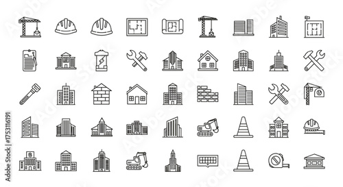 Construction and architecture icons set with buildings, engineering tools, safety helmets, blueprints, machinery, and construction symbols for industry and urban development design