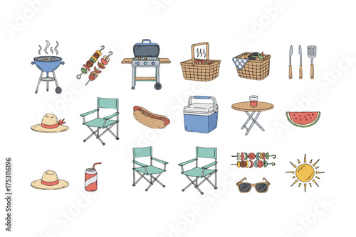 Summer picnic and barbecue vector icons set with grill, skewers, picnic baskets, folding chairs, cooler, hats, hotdog, watermelon, sunglasses, sun, and outdoor dining tools collection