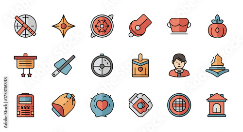 Collection of colorful vector icons including love messages, kitchen tools, sports elements, leadership person, and home symbols in modern flat style, ideal for lifestyle and leisure design projects
