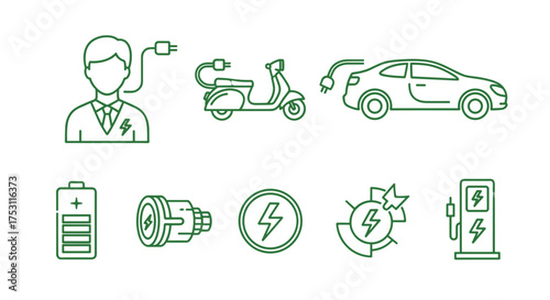 Electric vehicle technology icons set including man with plug, electric scooter, electric car charging, battery, power socket, energy symbol, renewable energy, and charging station symbols
