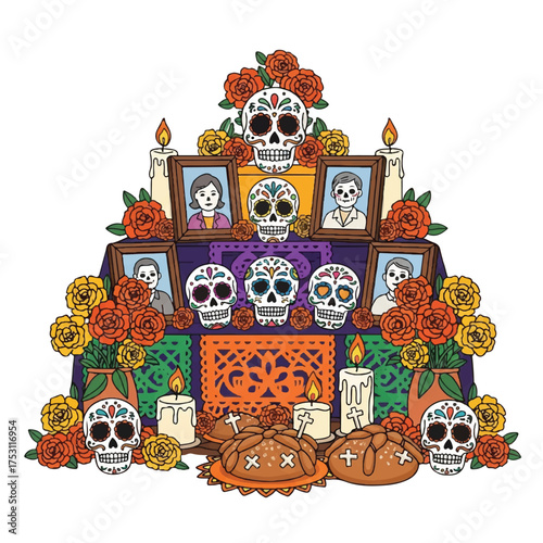 Vibrant Day of the Dead altar with sugar skulls, candles, and photographs on a colorful decorated structure with flowers against a white background.