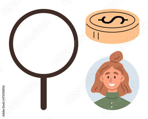 Magnifying glass, smiling woman portrait, and coin with dollar sign. Ideal for finance, job search, online identity, personal development, investing analytics research. Simple flat metaphor