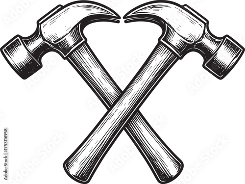 Two hammers crossed hand drawn vector illustration
