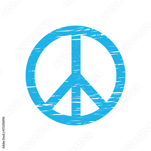 Distressed Blue Peace Symbol Icon with Grunge Sketch Texture on Isolated White Background for Protest and Hippie Design