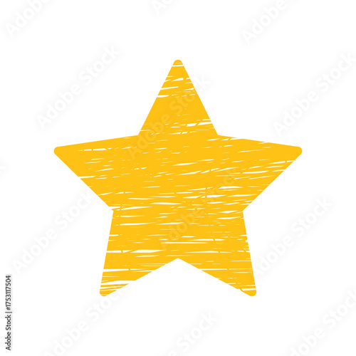 Hand Drawn Yellow Star Icon with Scratchy Distressed Grunge Texture on a White Isolated Background