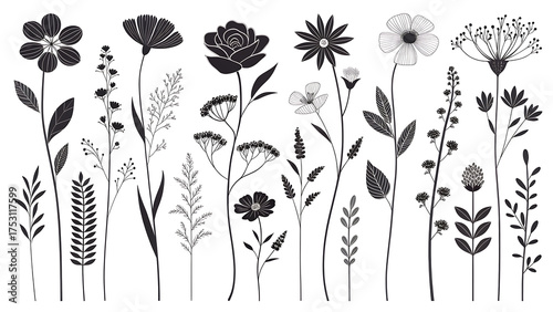 Collection of hand drawn botanical illustrations of wildflowers and grasses