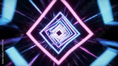 Abstract Neon Tunnel with Geometric Shapes and Light Streaks.