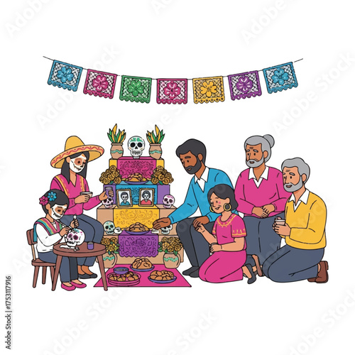 Illustration of a diverse group of people gathered around a traditional Mexican altar with colorful decorations and offerings on a white background.