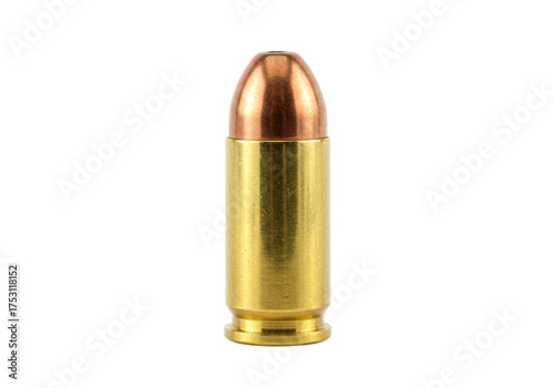 фотографія 9mm Luger cartridge isolated, a brass-cased bullet with a copper jacket for self