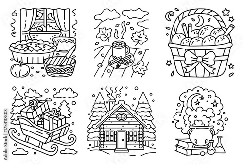 Cozy autumn and winter elements collection with pumpkin pie hot chocolate snow cabin and brewing potion for a comforting seasonal design