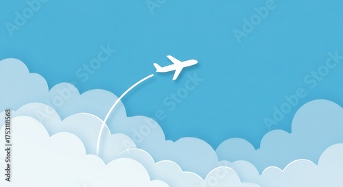 Plan your dream vacation with this modern airplane illustration soaring through fluffy clouds on a blue sky backdrop, perfect for travel promotions and airline marketing