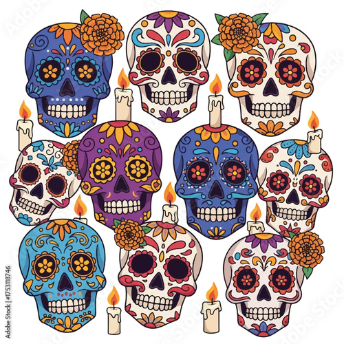 Colorful illustration of eight decorated sugar skulls with floral patterns and lit candles on a white background, symbolizing Day of the Dead.