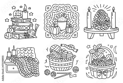 Autumn Halloween Cozy Reading Scene Coloring Page with Pumpkins Candle Books Potion Bottles Spiderweb Stars