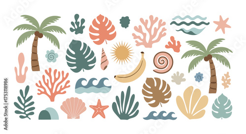 Abstract modern vector sea ocean vacation elements in simple wavy and groovy naive style. Design vintage trendy templates