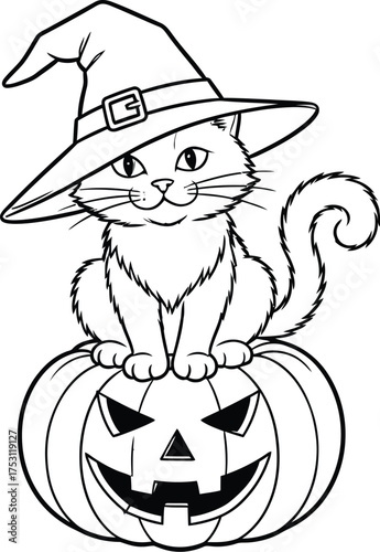 Adorable Halloween coloring page featuring a cute cat wearing a witch hat and sitting on a carved pumpkin, ready for festive season designs