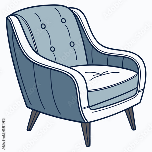 A mid-century modern armchair is shown with a curved backrest, button tufting, and angled wooden legs. It features light and dark blue upholstery with white piping for a stylish, comfortable look.