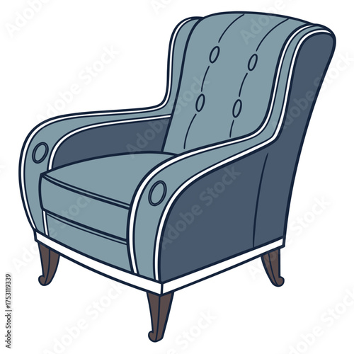 A vector illustration of a stylish, modern armchair shown from a front view. It features a high back with button tufting (or stitching detail) and rolled arms, and it is primarily colored in various.